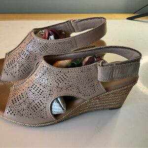 Clarks Perforated Tan Wedge Sandals